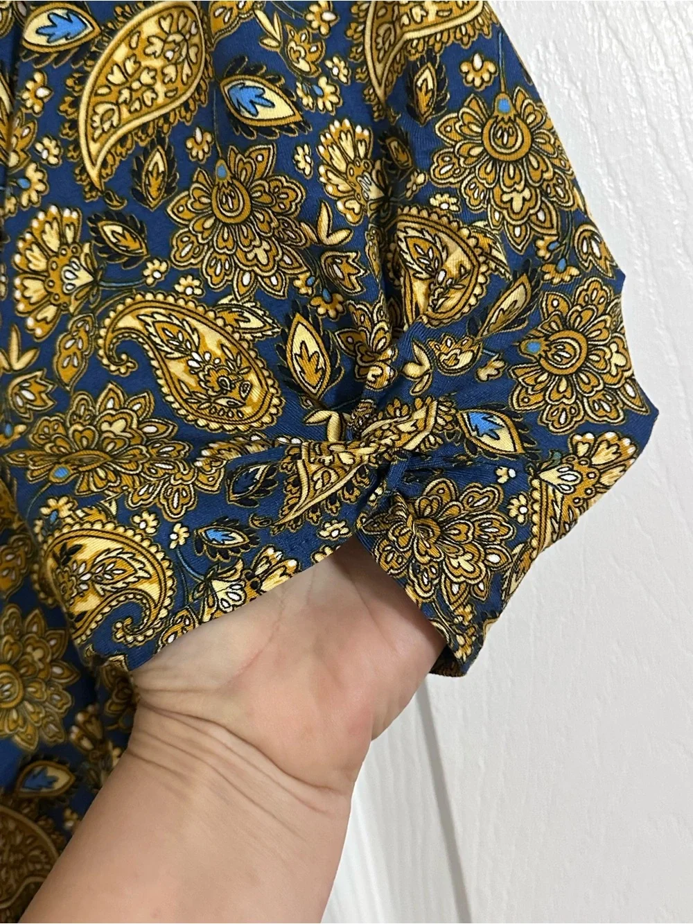 Boden Blue Yellow Paisley Dress 14L Short Sleeve Stretch Viscose Belted Jersey